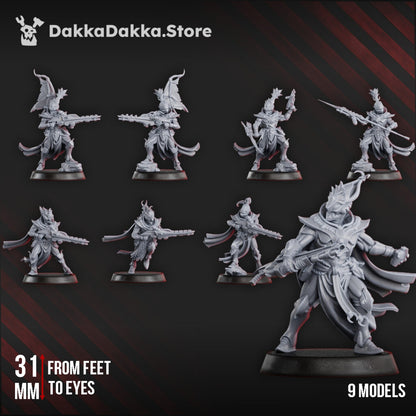 Eldar Flamescale Squad, proxy miniature, 28mm heroic scale unpainted resin, view 2