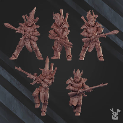 Eldar Shadow Blade Squad, proxy miniature, 28mm heroic scale unpainted resin, view 2