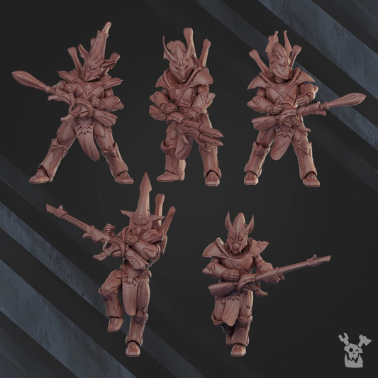 Eldar Shadow Blade Squad, proxy miniature, 28mm heroic scale unpainted resin, view 2