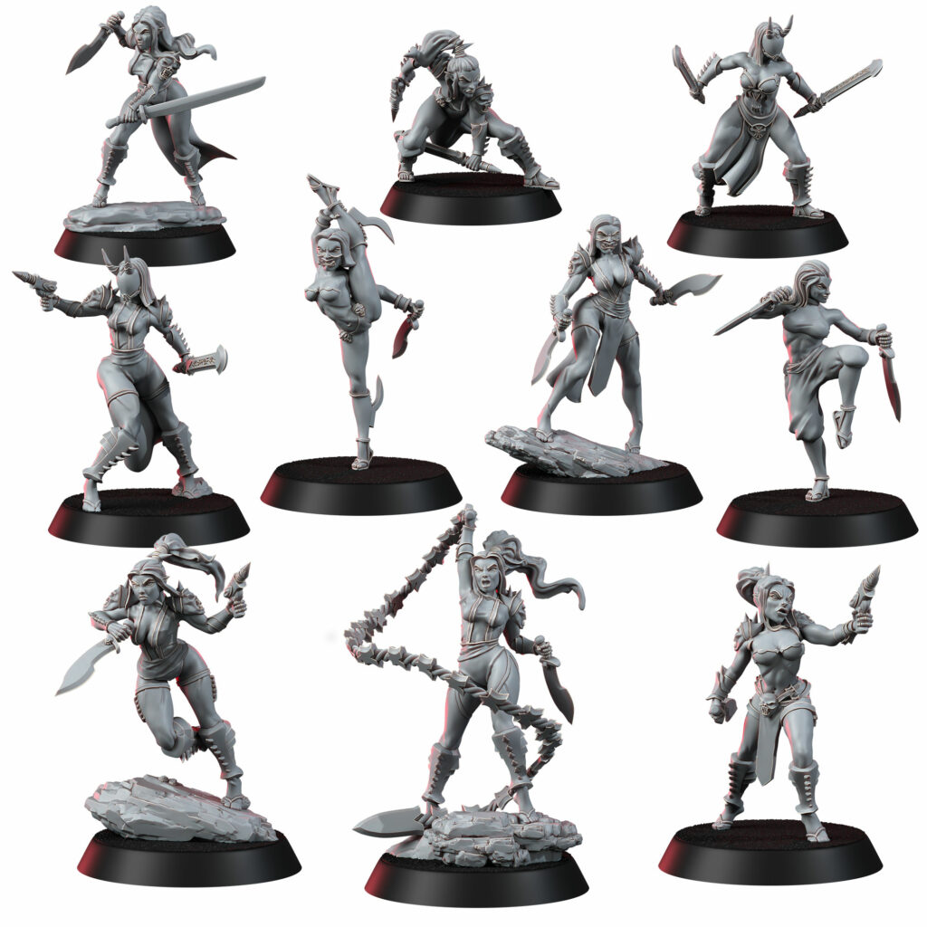 Eldar Futuristic Space Dark Elves Witches Squad, proxy miniature, 28mm heroic scale unpainted resin