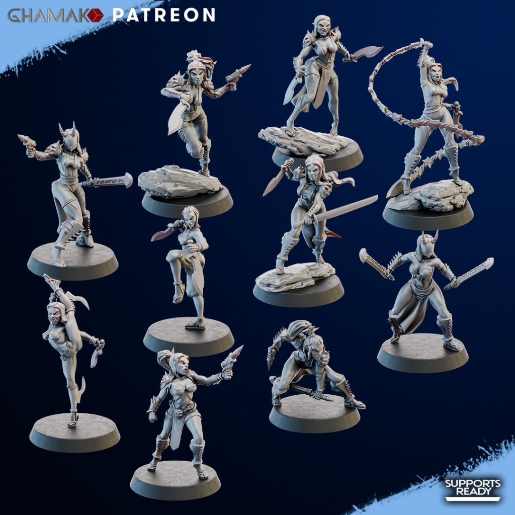 Eldar Futuristic Space Dark Elves Witches Squad, proxy miniature, 28mm heroic scale unpainted resin, view 2