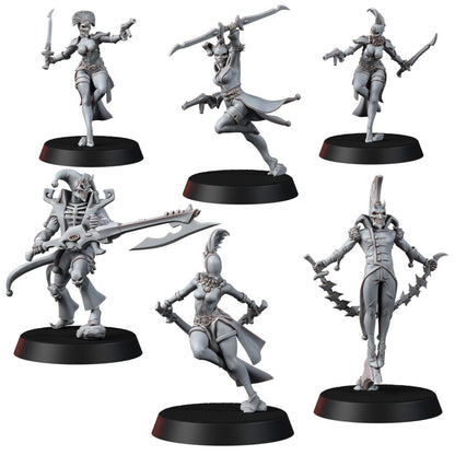 Eldar Harlequin Squad, proxy miniature, 28mm heroic scale unpainted resin
