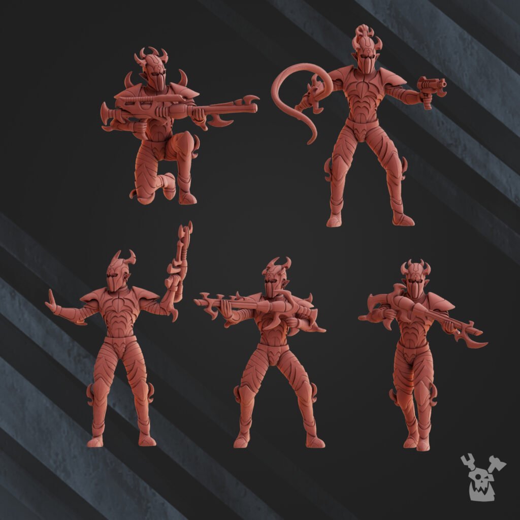 Dark Eldar Warrior Squad, proxy miniature, 28mm heroic scale unpainted resin