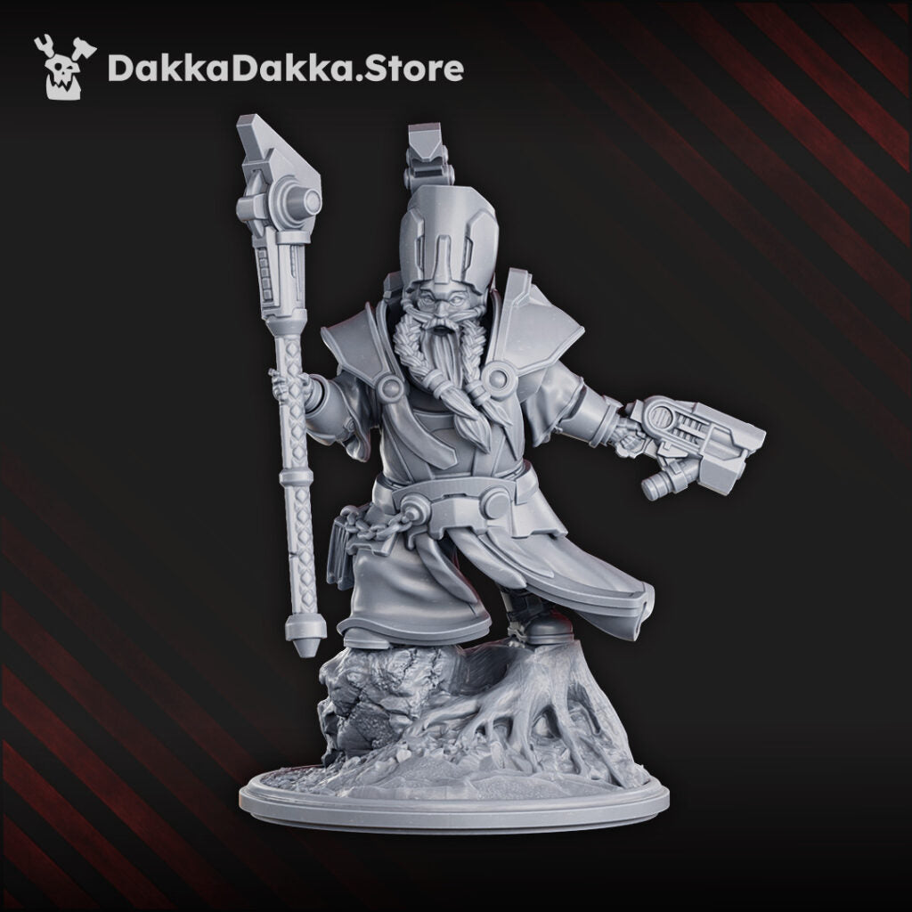Space Dwarf Sorcerer-Thane Thaurizan, proxy miniature, 28mm heroic scale unpainted resin, view 3