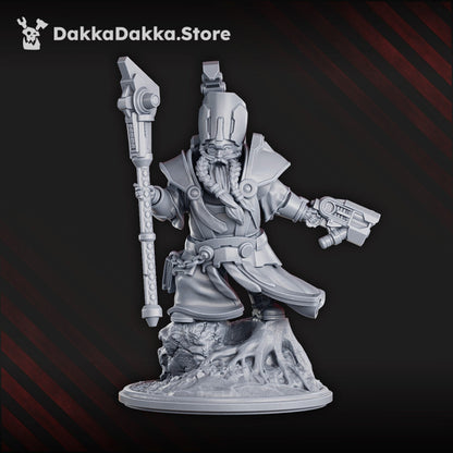 Space Dwarf Sorcerer-Thane Thaurizan, proxy miniature, 28mm heroic scale unpainted resin, view 3