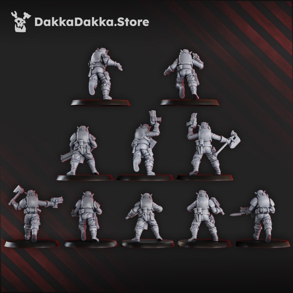 Orks Tactic Squad, proxy miniature, 28mm heroic scale unpainted resin, view 4